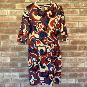J. McLaughlin Abstract Swirl Print Midi Shift Dress Half Sleeve Pockets Small
